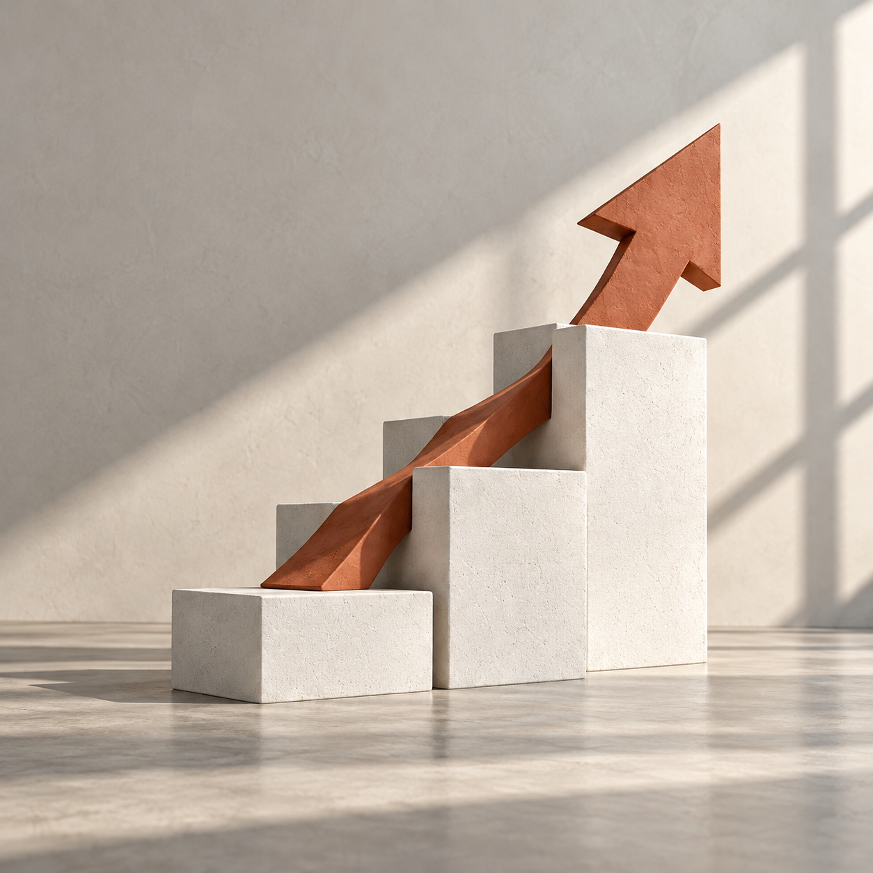 A terracotta arrow rising over architectural steps, representing forward progress